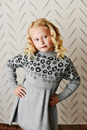 Girls' Gray & Black Leopard Print Long Sleeve Sweater Dress