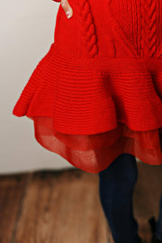 Girls' Red Cable Knit & Sheer Skirted Sweater Tunic