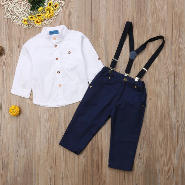 Boy Long-Sleeve Single Breasted Shirt, Slacks and Suspenders