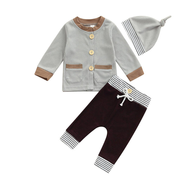 Boys long sleeve gray and brown set with hat