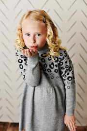 Girls' Gray & Black Leopard Print Long Sleeve Sweater Dress