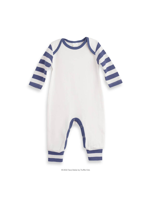 Baby Boy Rib Romper with Stripe Sleeves and matching beanie