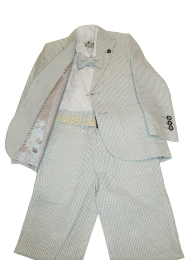 Boys 3 piece pinstripe short suit- Blue/Beige