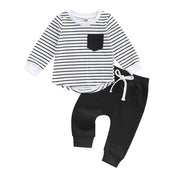 Boys Stripe Long Sleeve Top and Drawstring Pants-Black and White/Black Pants