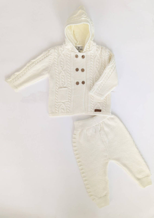 Baby Boy Knit Two Piece with Hood (Ivory)