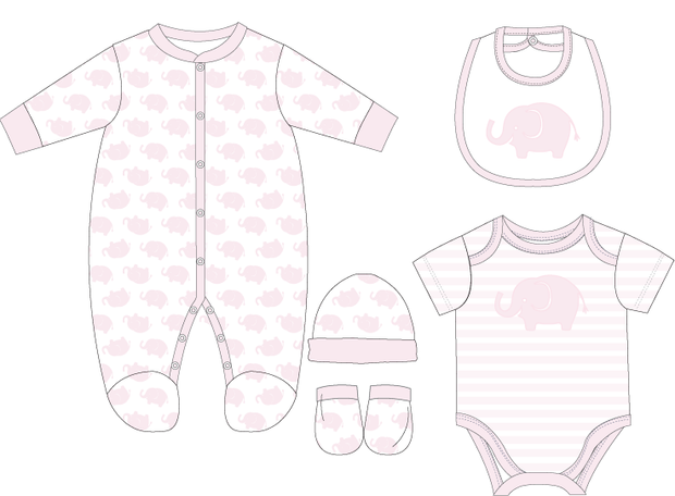 Girl's 5pc Coverall Set - Pink Elephant