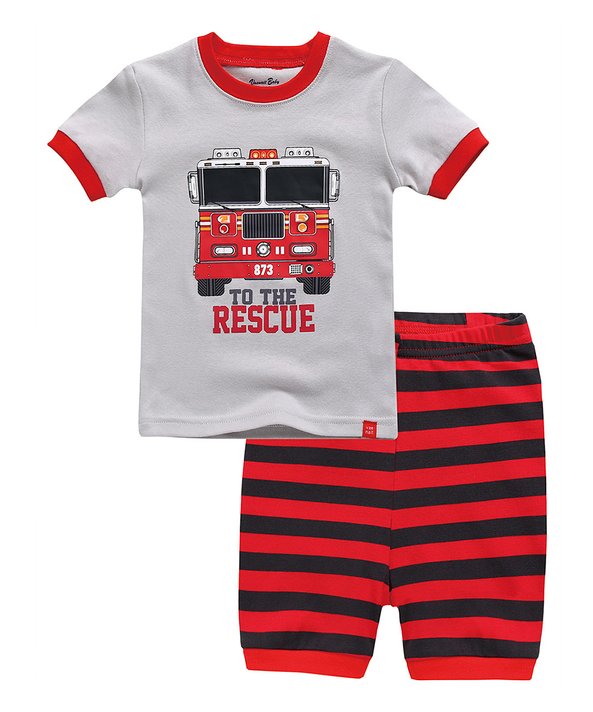 Boys Gray & Red Stripe 'To The Rescue' Truck Pajama Set